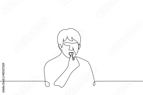 man slobbering finger - one line drawing vector. concept of licking your finger after delicious meal, moisten finger to open something or turn the page