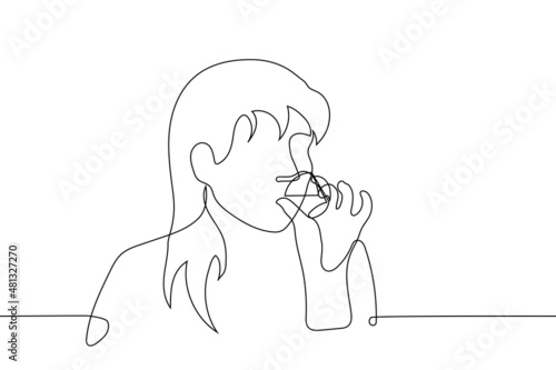 woman drinking shot putting finger away - one line drawing vector. concept of drinking alcoholic beverages from short glass (vodka, soju, tequila), female alcoholism