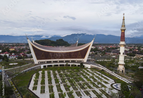 The Great Mosque of West Sumatera from the top, the biggest mosque in West Sumatera,  the architecture is inspired by traditional house of West Sumatran people photo