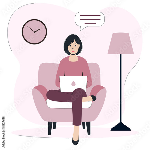 A girl sitting on chair and working or studing at home. Using laptop. Flat style. Vector illustration.  photo