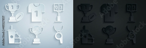 Set Award cup and American football ball, Sport mechanical scoreboard result display, Football ticket paper glass soda with drinking straw, Whistle, jersey and icon. Vector