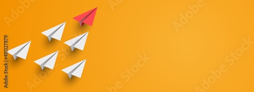 Individual red leader paper plane lead other on empty copy space background. Business and leadership concept. Vector