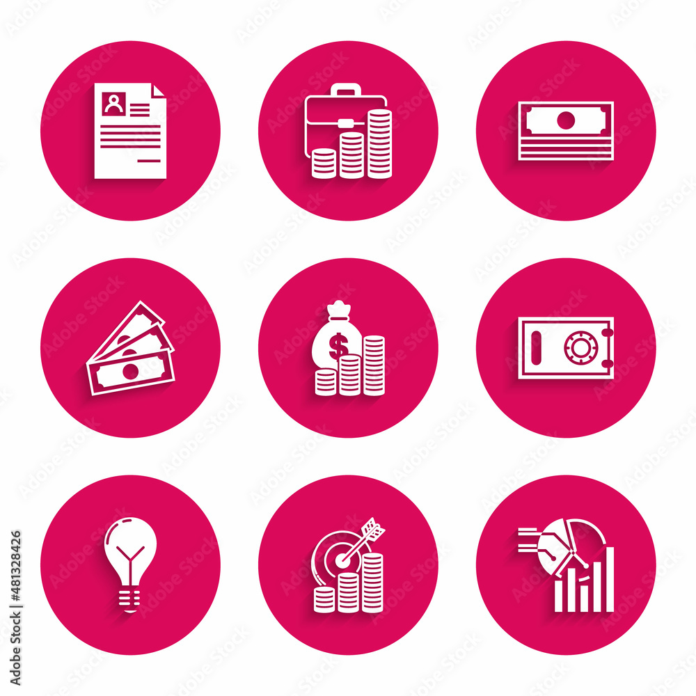 Set Money bag and coin, Target with symbol, Pie chart infographic, Safe, Light bulb concept of idea, Stacks paper money cash, and Resume icon. Vector Set Money bag and coin, Target with symbol, Pie chart infographic, Safe, Light bulb concept of idea, Stacks paper money cash, and Resume icon. Vector