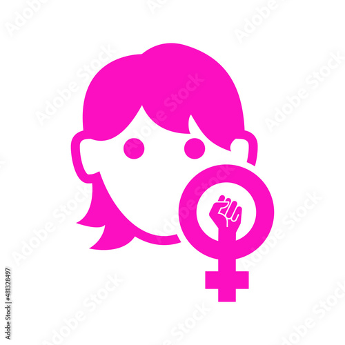 Día de la mujer. Logotipo cara de mujer con símbolo feminista con puño en color rosa