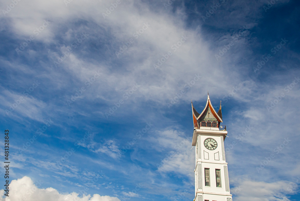 View of Jam Gadang tower, a historical and most famous landmark in Bukit Tinggi City, an icon of the city and the most visited tourist destination by tourists.