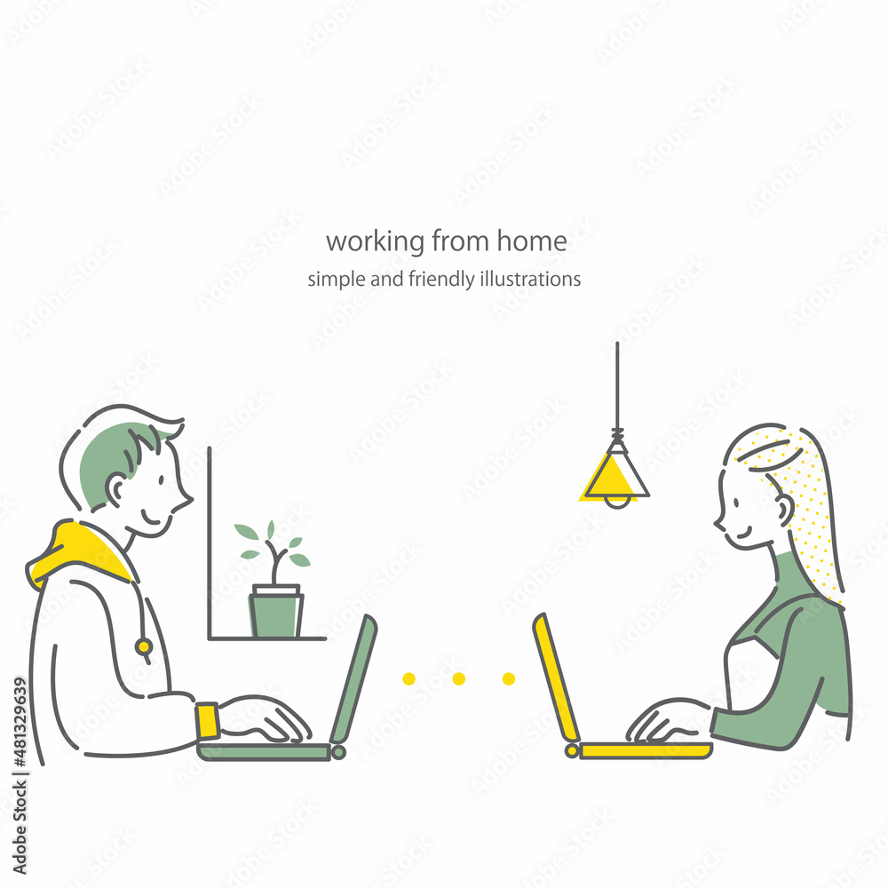 自宅で快適に働く女性と男性　パソコン　女性　男性　シンプルでお洒落な線画イラスト