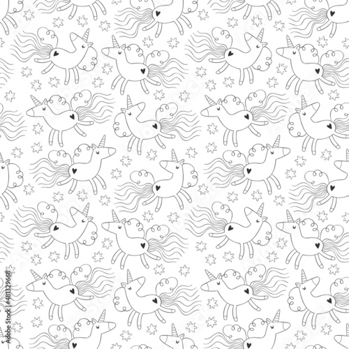 Cute cartoon unicorns. Rainbow and stars. Seamless vector pattern (background). Magic print.