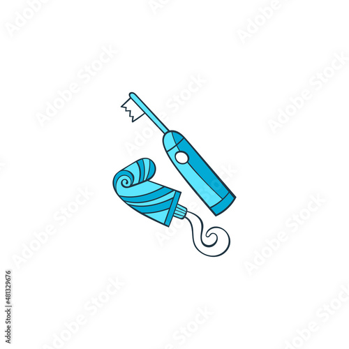 Toothpaste and electric toothbrush. Isolated vector object on white background. Cartoon art.