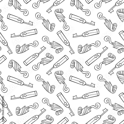 Toothpaste and electric toothbrush. Seamless vector pattern (background). Cartoon print.