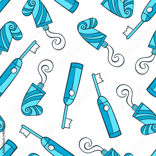 Toothpaste and electric toothbrush. Seamless vector pattern (background). Cartoon print.