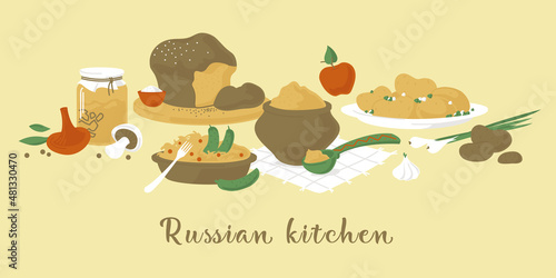 Dishes of Russian cuisine. Lenten food. Vector image. 