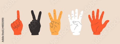 Set of gestures colourful human hands different races, showing fingers to count from one to five. Hand drawn vector illustration isolated on light background. Trendy modern flat cartoon style.