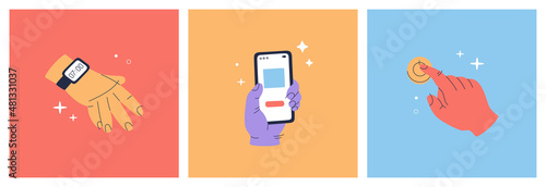 Set of various hands. Arm with mobile phone collection, a wrist watch and a finger pressing on button. Hand drawn vector illustration isolated on colorful background. Modern trendy flat cartoon style