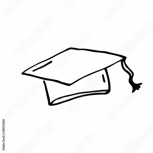 Graduation vector doodle cap icon. Outlined on white background.
