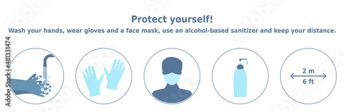 Protect yourself! Wash your hands, wear gloves and a face mask, use an alcohol-based sanitizer and keep your distance. 5 icons set for health posters and banners.