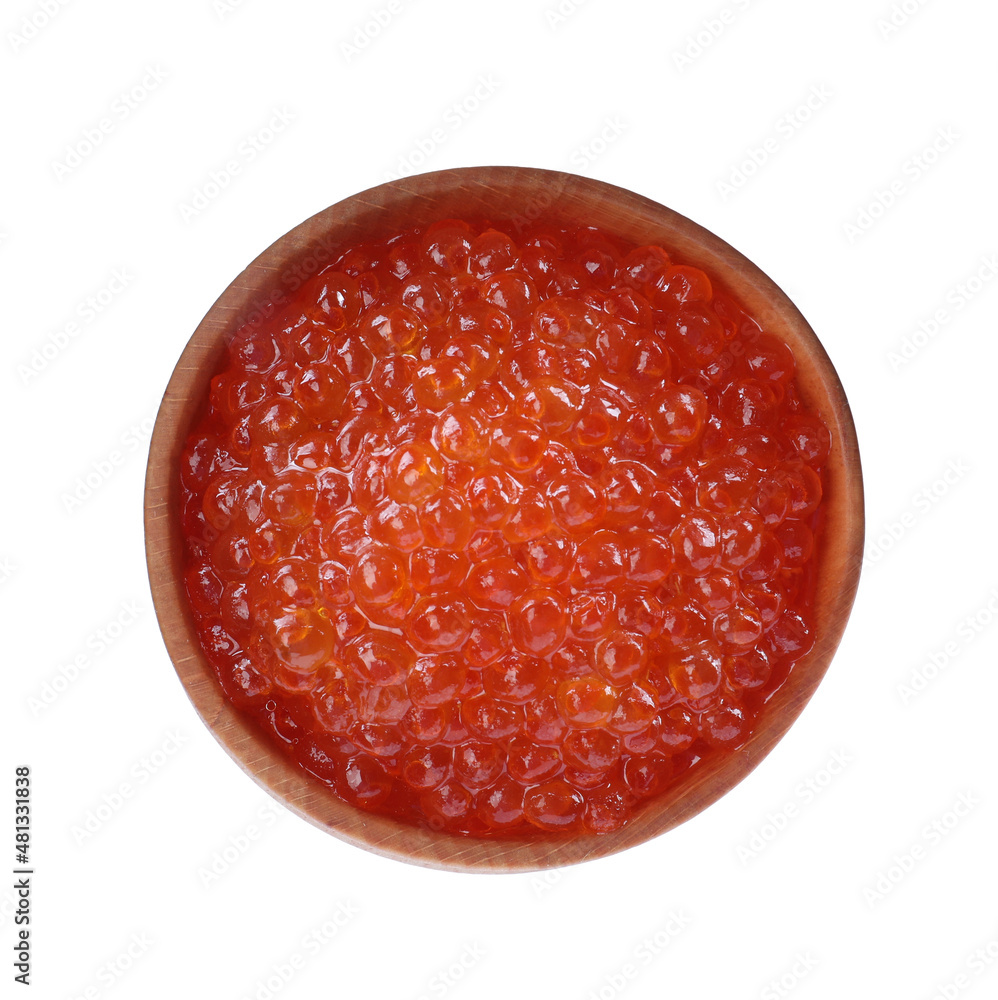 Bowl of delicious red caviar isolated on white, top view Bowl of delicious red caviar isolated on white, top view