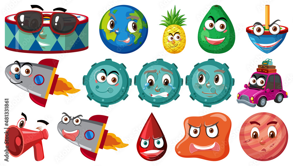 Set of different toy objects with smiley faces Set of different toy objects with smiley faces