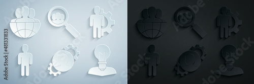 Set Human with gear inside, User of business suit, head lamp bulb, Magnifying glass for search people and Globe and icon. Vector