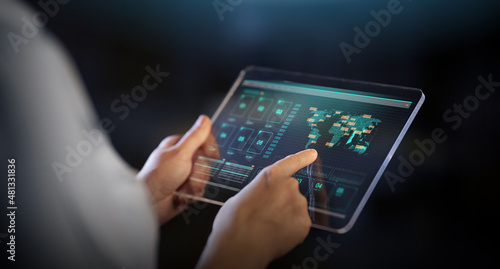virtual reality, people and technology concept - close up of hands holding transparent tablet pc computer with files hologram