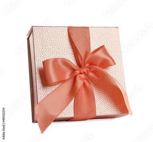 Beautiful pink gift box with ribbon and bow on white background © New Africa