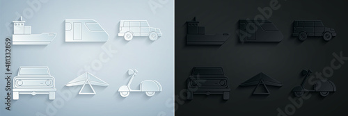 Set Hang glider, Off road car, Scooter, Train and Cargo ship icon. Vector
