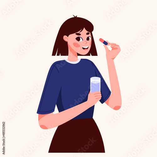Woman taking pills or vitamins flat illustration. Adult character takes prescription meds banner design. Painkiller, tablet supplements background.