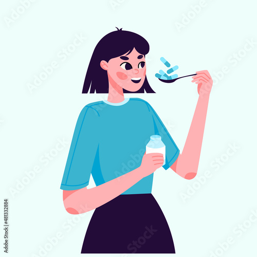 Woman taking pills or vitamins flat illustration. Adult character takes prescription meds banner design. Painkiller, tablet supplements background.