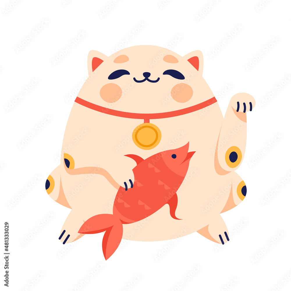 Fototapeta premium Maneki neko flat cartoon illustration. Japanese folklore symbol banner design. Asian culture, lucky cat, smiling kitty with gold coin printing card.