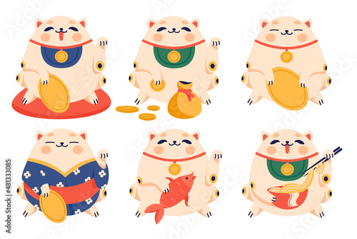 Maneki neko flat cartoon illustration set. Japanese folklore symbols collection. Asian culture, lucky cat, smiling kitty with gold coin 