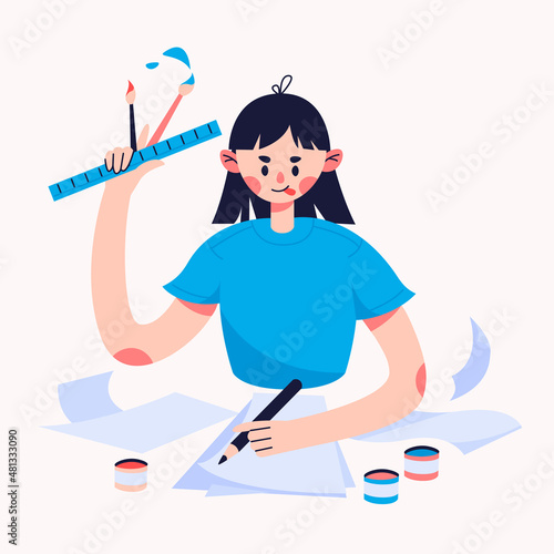 Girl with ADHD hyper-focused on different tasks. Concentration and attention disorder. Kid with ADD. Hyperactive child at school. Flat illustration background banner design.