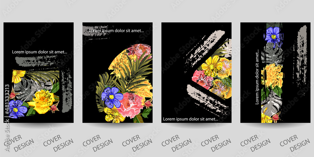 Set of floral print backgrounds for wall decor, posters, book covers, social media design, invitations, cards. Modern art templates with cute garden flowers and grunge texture.