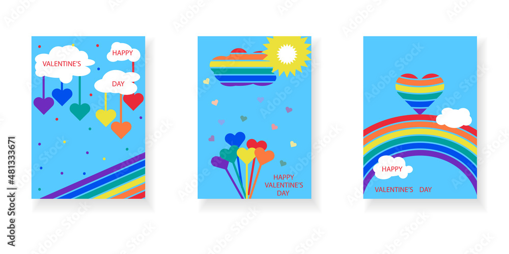 Colorful Valentine's Day greeting card set for the LGBT community. Hearts, clouds, rainbow on a light blue background.