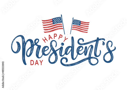 Happy President's Day lettering decorated by american flags. Presidents day typography as poster, banner, card, postcard, invitation or promo sign.