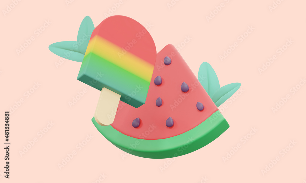 A slice of watermelon with ice cream on a stick. 3D rendering A slice of watermelon with ice cream on a stick. 3D rendering