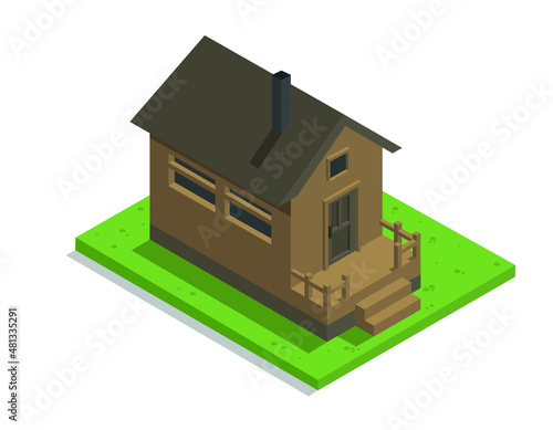 isometric wooden cottage. small simple 3d house shack in the wild. off the grid living, property, building miniature model