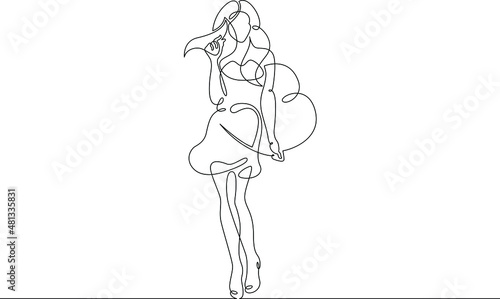 One continuous line.Beautiful woman holding a heart in her hands.Valentine's Day. Girl with a heart symbol of love. Continuous line drawing.Lineart isolated white background.