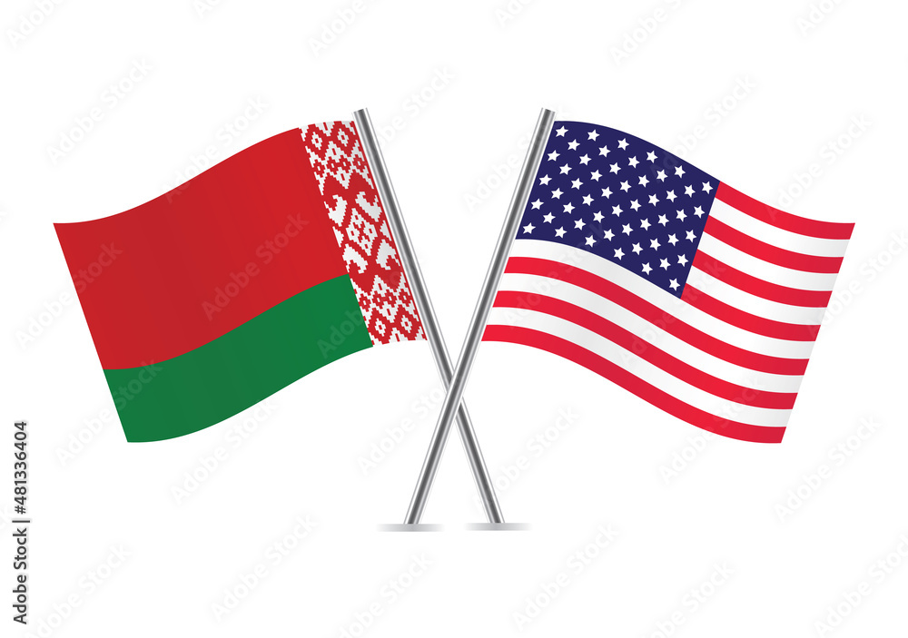 Obraz premium Belarus and America flags. Belarusian and American flags isolated on white background. Vector illustration.