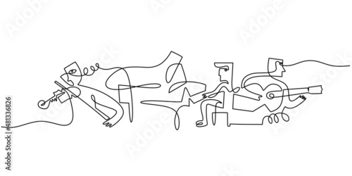 One single continuous line of abstract jazz musician isolated on white background.