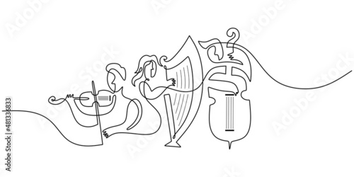 One single continuous line of abstract jazz musician isolated on white background.