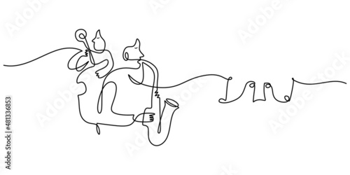 One single continuous line of jazz musician and music notes isolated on white background.
