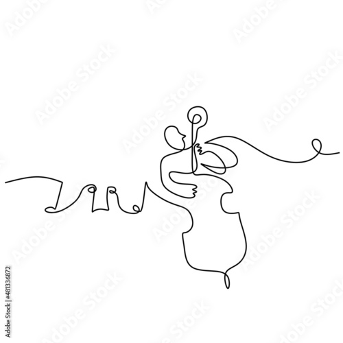 One single continuous line of man playing violin with music notes isolated on white background.