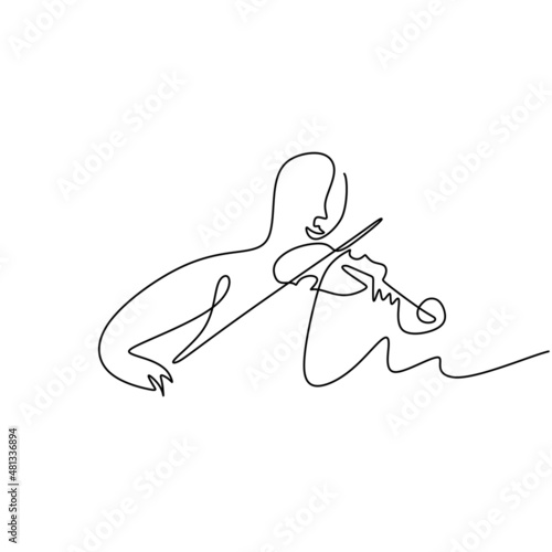 One single continuous line of abstract man playing violin with music notes isolated on white background.
