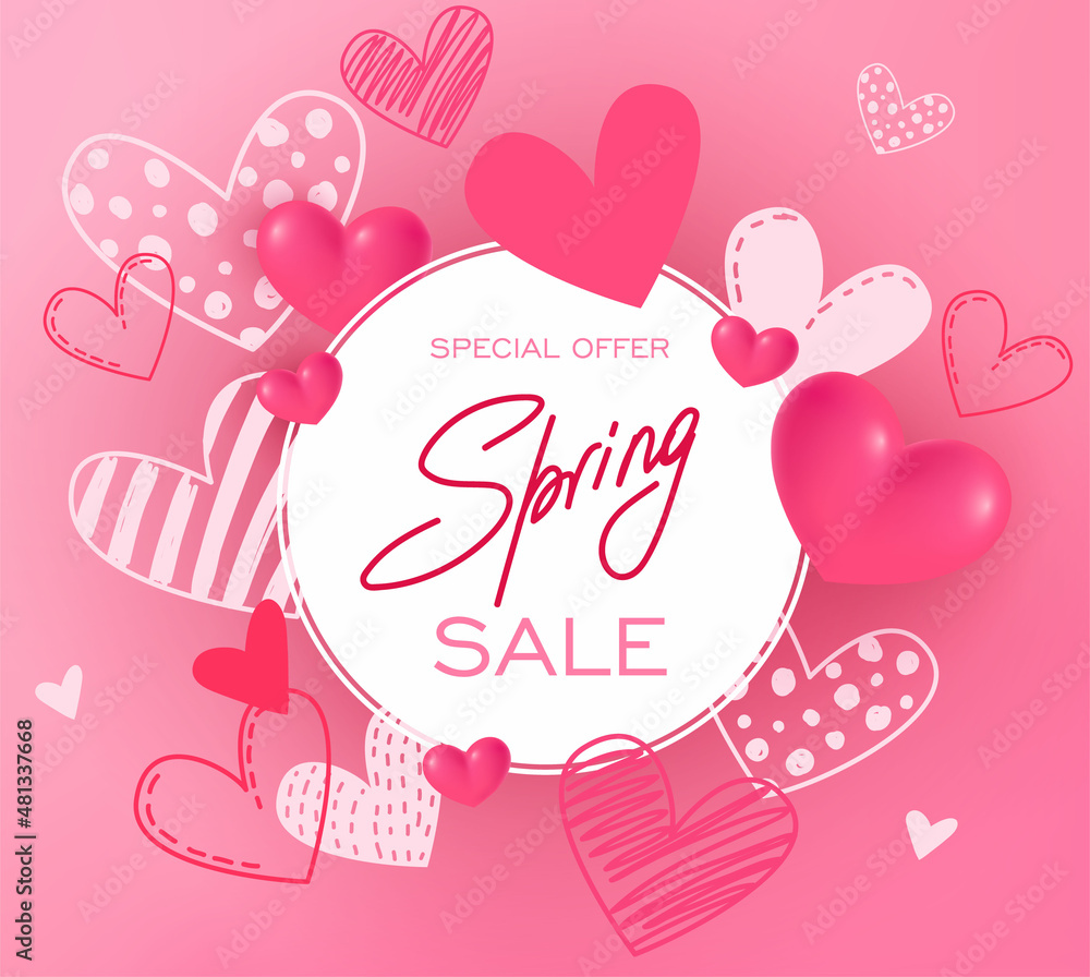 Valentine's day spring sale vector banner template with colorful hearts, and spring season discount promotional text in white frame. Valentine's day spring sale vector banner template with colorful hearts, and spring season discount promotional text in white frame.