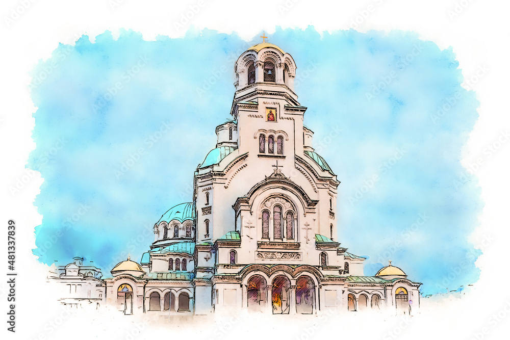 Obraz premium Alexander Nevsky Cathedral in Sofia, Bulgaria, watercolor sketch illustration.