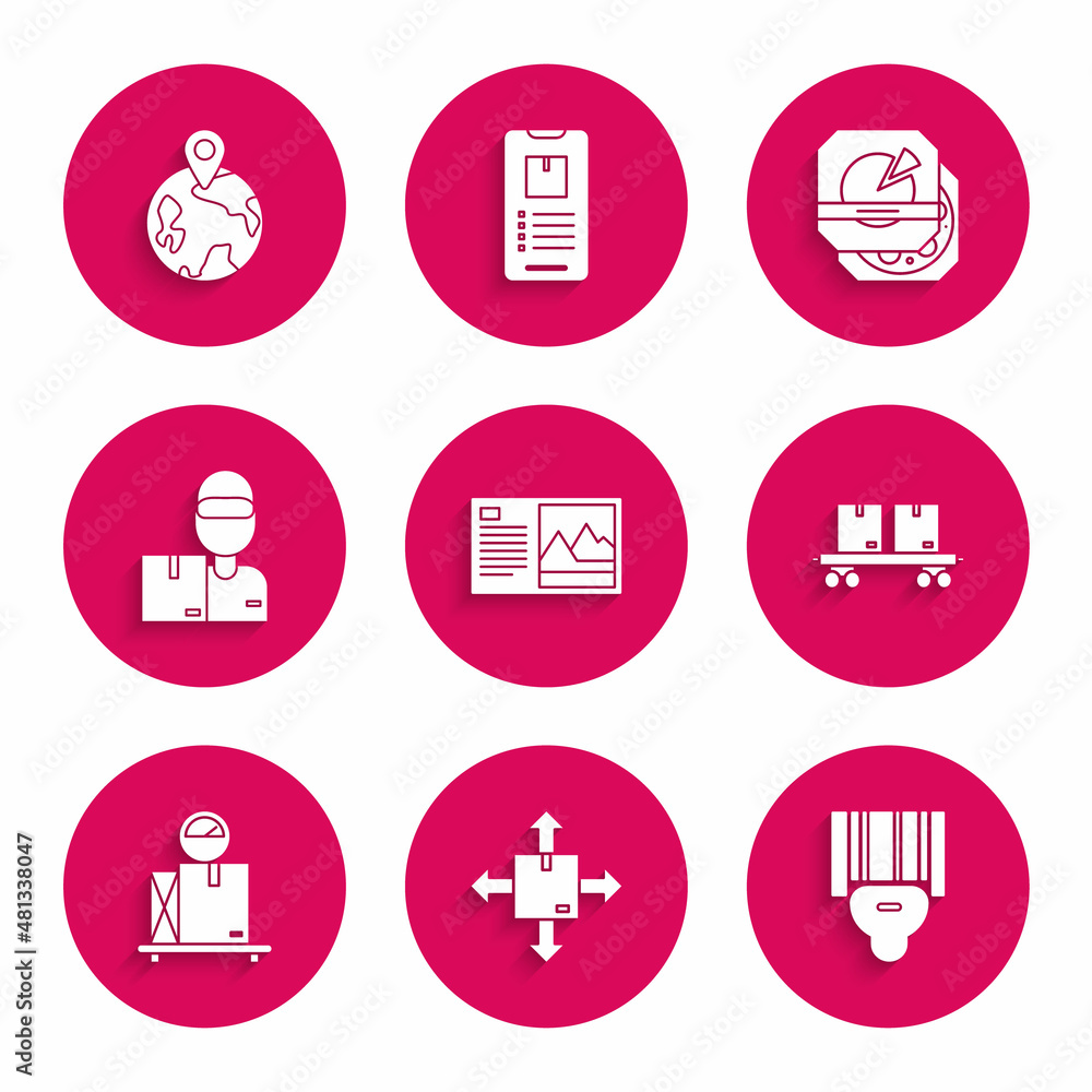 Set Postcard, Cardboard box with traffic symbol, Scanner scanning bar code, Railway carriage, Scale cardboard, Delivery man boxes, Pizza and Worldwide icon. Vector Set Postcard, Cardboard box with traffic symbol, Scanner scanning bar code, Railway carriage, Scale cardboard, Delivery man boxes, Pizza and Worldwide icon. Vector