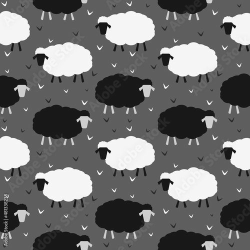 Seamless pattern with abstract sheep in black and white against gray background. Vector illustration for printing. Minimal flat design.