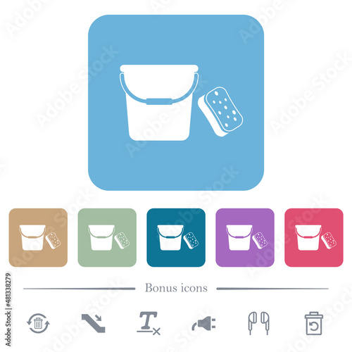 Bucket and sponge flat icons on color rounded square backgrounds