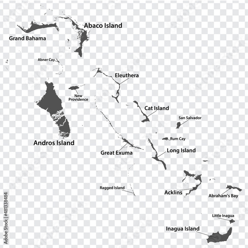 Blank map Bahamas in gray. Every Island map is with titles. High quality map of Bahamas Islands with districts on transparent background for your  design.  EPS10.