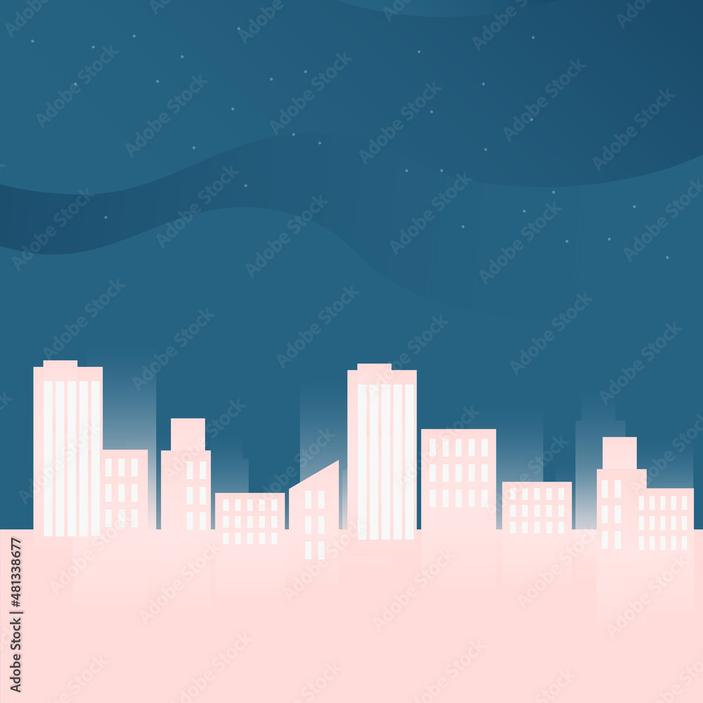 Vector illustration of skyscrapers, stars and night sky.