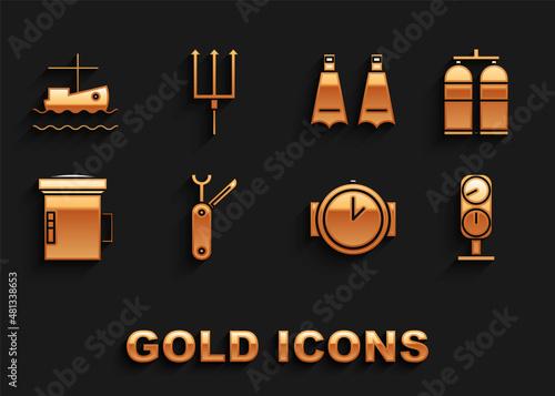 Set Swiss army knife, Aqualung, Gauge scale, Diving watch, Big flashlight for diver, Rubber flippers swimming, Fishing boat on water and Neptune Trident icon. Vector